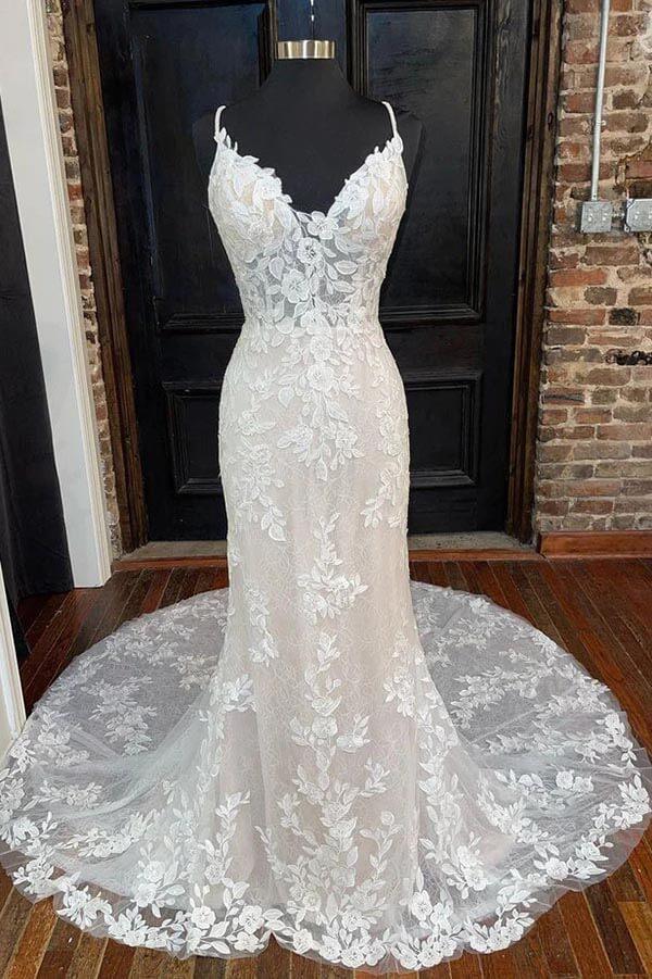 NumberSea Mermaid V-neck Spaghetti Straps Wedding Dresses With Lace Appliques, MW926