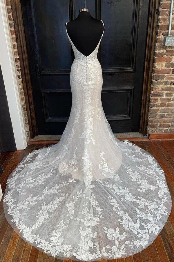 NumberSea Mermaid V-neck Spaghetti Straps Wedding Dresses With Lace Appliques, MW926