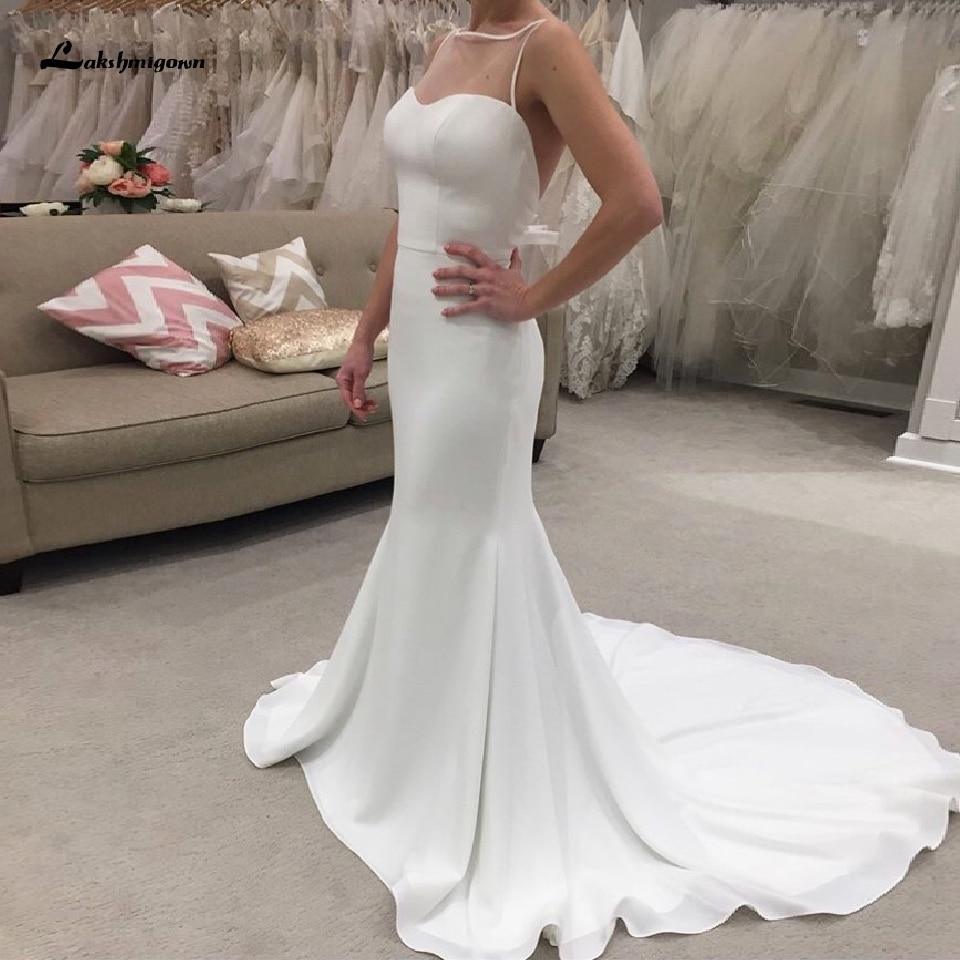 NumberSea Mermaid Wedding Dress Open Back Bridal Dress Sheer O-neck Simple Satin