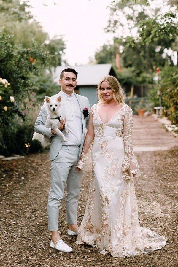 NumberSea Mermaid Wedding Dress with Chapel Train and Sleeves Embroidery Wedding Gown,MW347