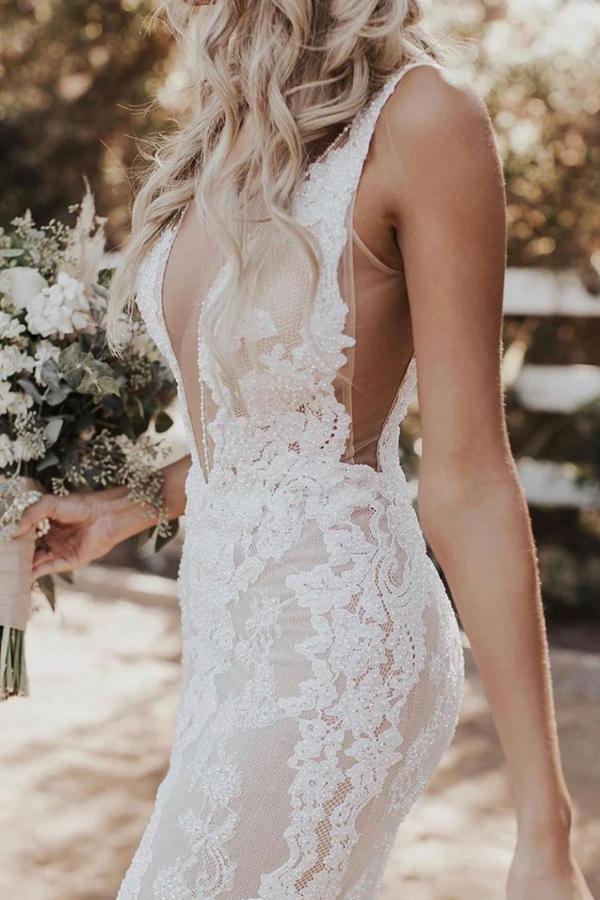NumberSea Mermaid/Trumpet Attractive Floor-length V-neck Lace Wedding Dress,MW439