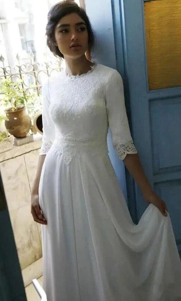 NumberSea Modest 3/4 Sleeves Floor Length Chiffon Wedding Dresses with Lace Top, MW724