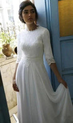 NumberSea Modest 3/4 Sleeves Floor Length Chiffon Wedding Dresses with Lace Top, MW724