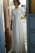 NumberSea Modest 3/4 Sleeves Floor Length Chiffon Wedding Dresses with Lace Top, MW724