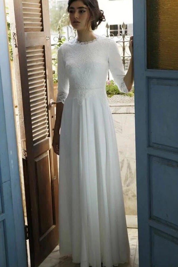 NumberSea Modest 3/4 Sleeves Floor Length Chiffon Wedding Dresses with Lace Top, MW724