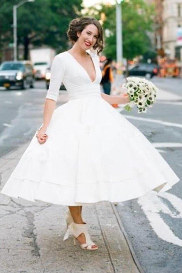 NumberSea Modest A-line V-neck Half Sleeves Tea Length Taffeta Wedding Dresses, MW531