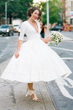 NumberSea Modest A-line V-neck Half Sleeves Tea Length Taffeta Wedding Dresses, MW531
