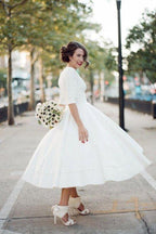 NumberSea Modest A-line V-neck Half Sleeves Tea Length Taffeta Wedding Dresses, MW531