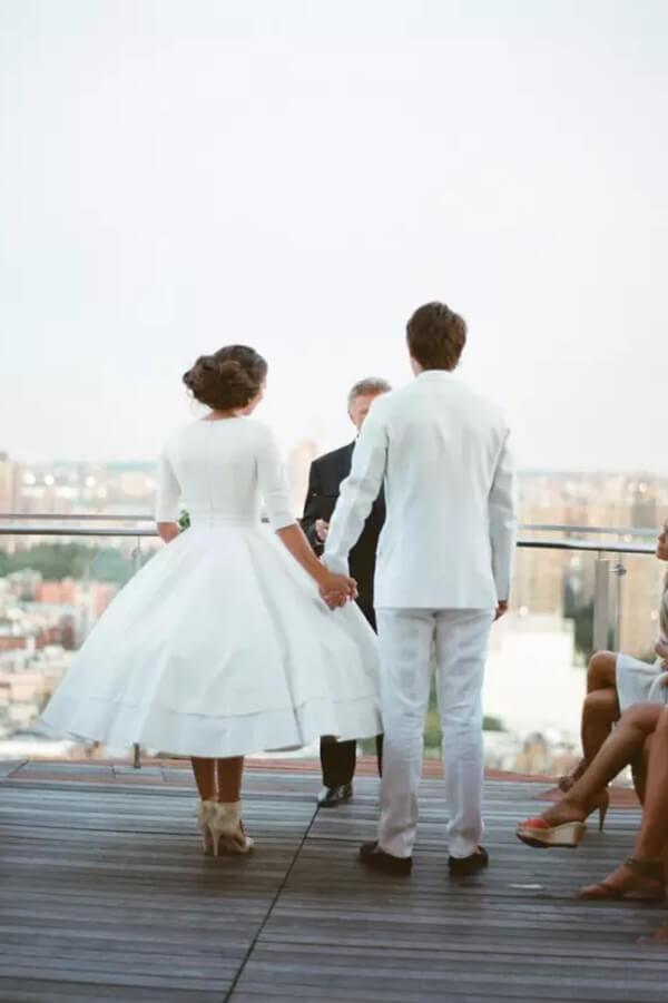 NumberSea Modest A-line V-neck Half Sleeves Tea Length Taffeta Wedding Dresses, MW531