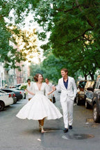 NumberSea Modest A-line V-neck Half Sleeves Tea Length Taffeta Wedding Dresses, MW531