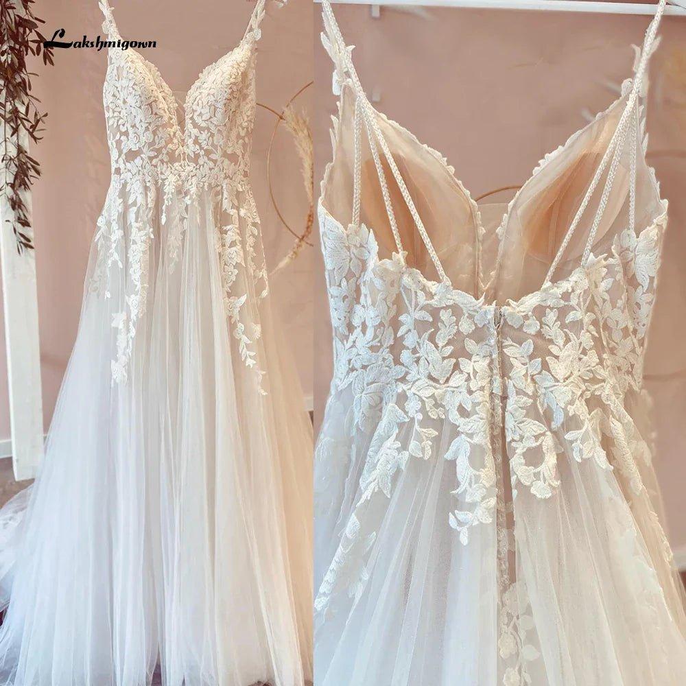 NumberSea Modest Beach Soft Tulle Wedding Dresses 2025 Lace Appliques A-Line V Neck Sweep Train Bridal Gown robe de soirée de mariage