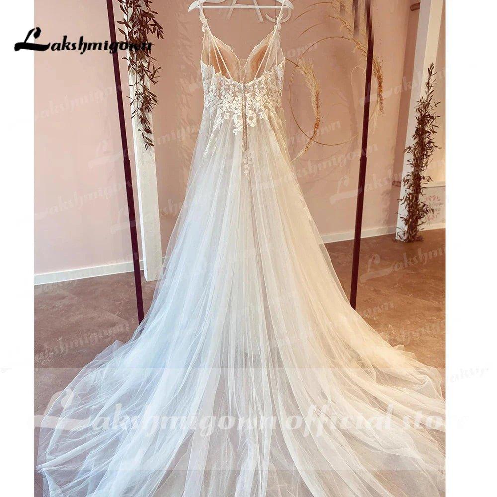 NumberSea Modest Beach Soft Tulle Wedding Dresses 2025 Lace Appliques A-Line V Neck Sweep Train Bridal Gown robe de soirée de mariage