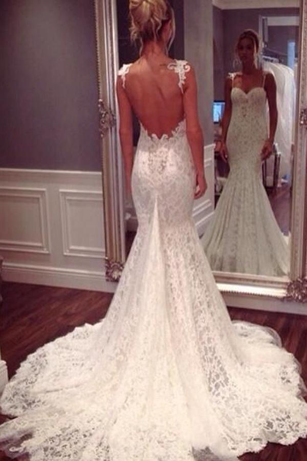 NumberSea Modest Lace Spaghetti Straps Mermaid Wedding Dresses, Summer Wedding Gowns, MW184