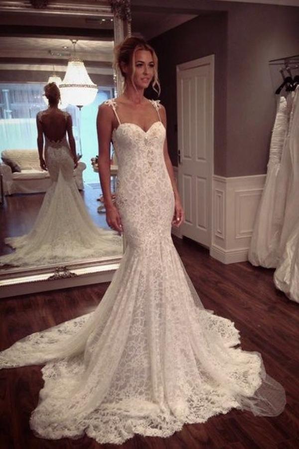 NumberSea Modest Lace Spaghetti Straps Mermaid Wedding Dresses, Summer Wedding Gowns, MW184