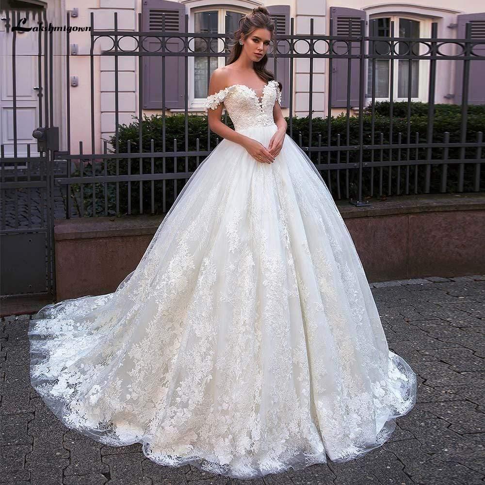 NumberSea Modest Long Sleeve Wedding Dress Scoop Satin Appliqued