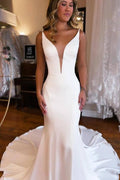 NumberSea Modest Satin Mermaid Deep V-neck Wedding Dresses With Court Train