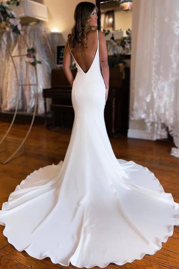 NumberSea Modest Satin Mermaid Deep V-neck Wedding Dresses With Court Train