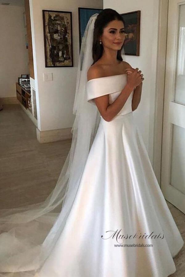 NumberSea Modest Simple Ivory A Line Off Shoulder Wedding Dresses, Bridal Gown, MW517