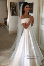 NumberSea Modest Simple Ivory A Line Off Shoulder Wedding Dresses, Bridal Gown, MW517