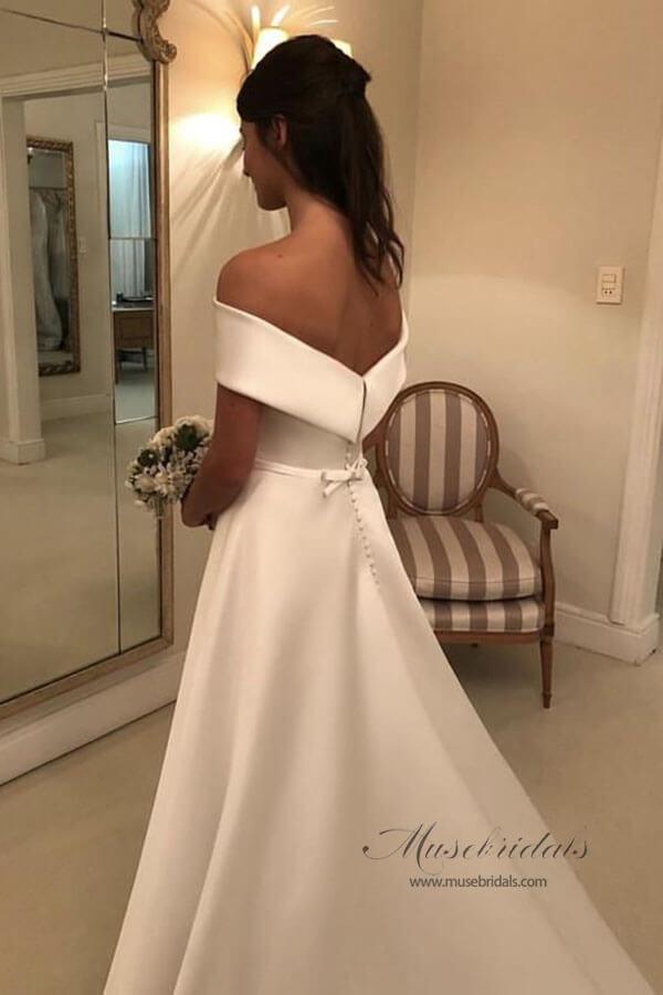 NumberSea Modest Simple Ivory A Line Off Shoulder Wedding Dresses, Bridal Gown, MW517