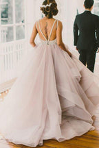 NumberSea Modest Tulle A-line Scoop Sweep Train Wedding Dresses, Bridal Gowns, MW604