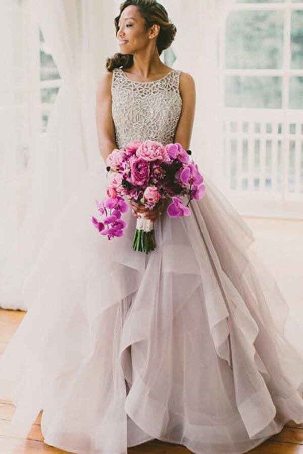 NumberSea Modest Tulle A-line Scoop Sweep Train Wedding Dresses, Bridal Gowns, MW604