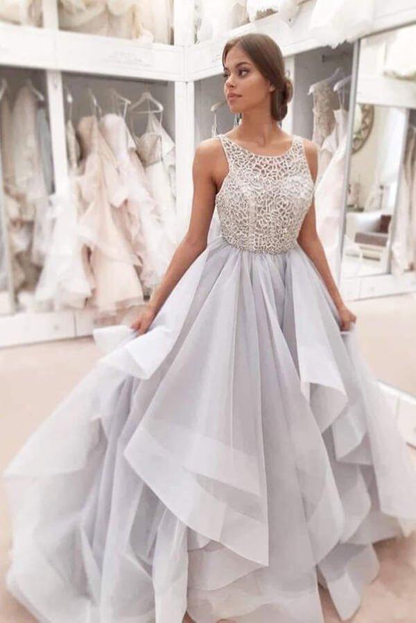 NumberSea Modest Tulle A-line Scoop Sweep Train Wedding Dresses, Bridal Gowns, MW604