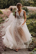 NumberSea Modest Tulle A-line V-neck Beach Wedding Dresses With Lace Appliques, MW943
