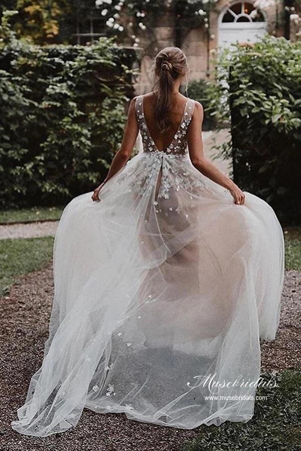 NumberSea Modest Tulle A-line V-neck Beach Wedding Dresses With Lace Appliques, MW943