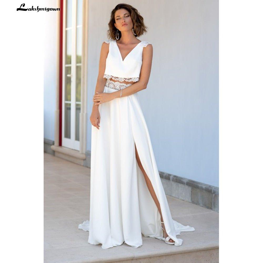 NumberSea Modest Two pieces White Wedding Dress V Neck Simple Bridal Gowns Font Slit Chiffon Floor Length Bridal Dresses