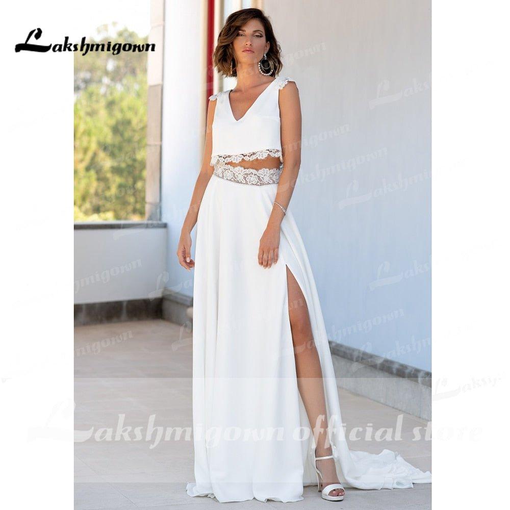 NumberSea Modest Two pieces White Wedding Dress V Neck Simple Bridal Gowns Font Slit Chiffon Floor Length Bridal Dresses