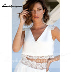 NumberSea Modest Two pieces White Wedding Dress V Neck Simple Bridal Gowns Font Slit Chiffon Floor Length Bridal Dresses