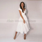 NumberSea Modest V-Neck Tea Length Short Sleeve Wedding Dresses Jersey A-Line Bridal Gowns with Pleats Vestidos De Novia
