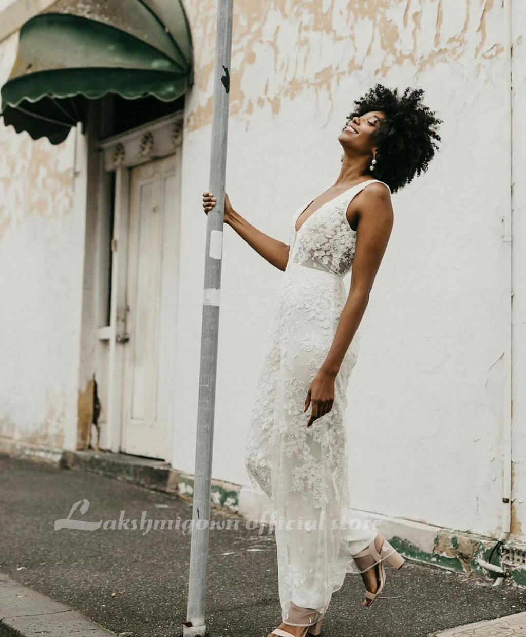 NumberSea New Boho Jumpsuits Wedding Dresses Illusion V Neck Lace Appliques