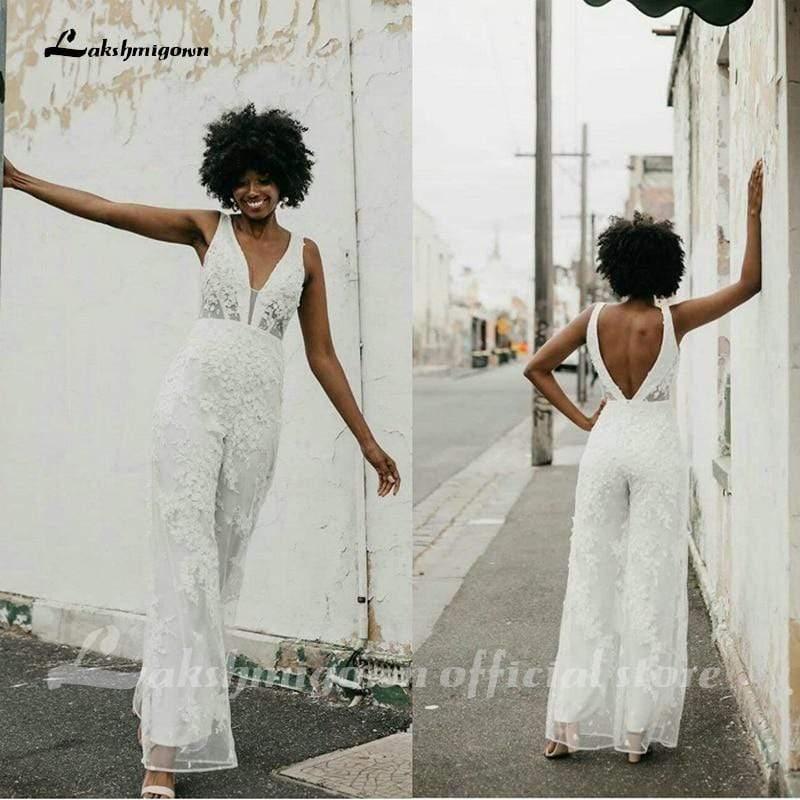 NumberSea New Boho Jumpsuits Wedding Dresses Illusion V Neck Lace Appliques