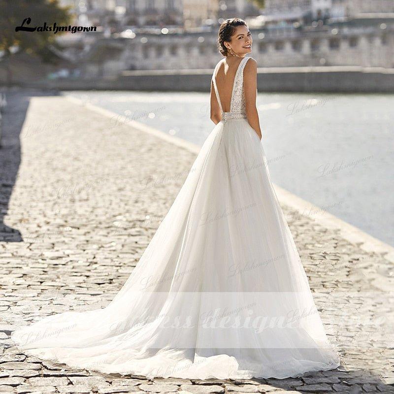 NumberSea New Boho Lace Wedding Dress 2021 V-neckline robe mariee Tulle A-Line Beach Bridal Gown with Shoulder Straps vestido de novia