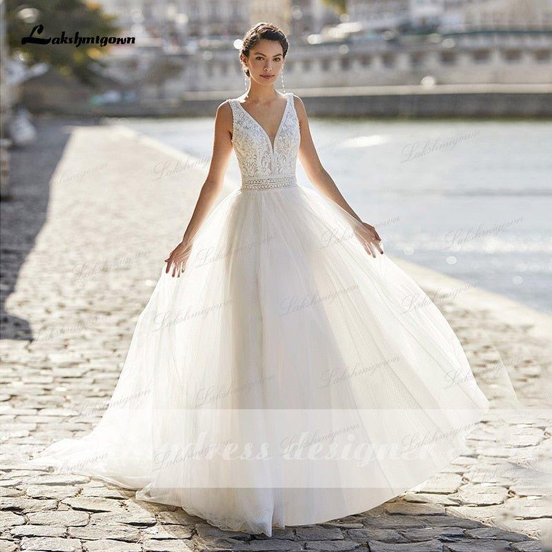 NumberSea New Boho Lace Wedding Dress 2021 V-neckline robe mariee Tulle A-Line Beach Bridal Gown with Shoulder Straps vestido de novia