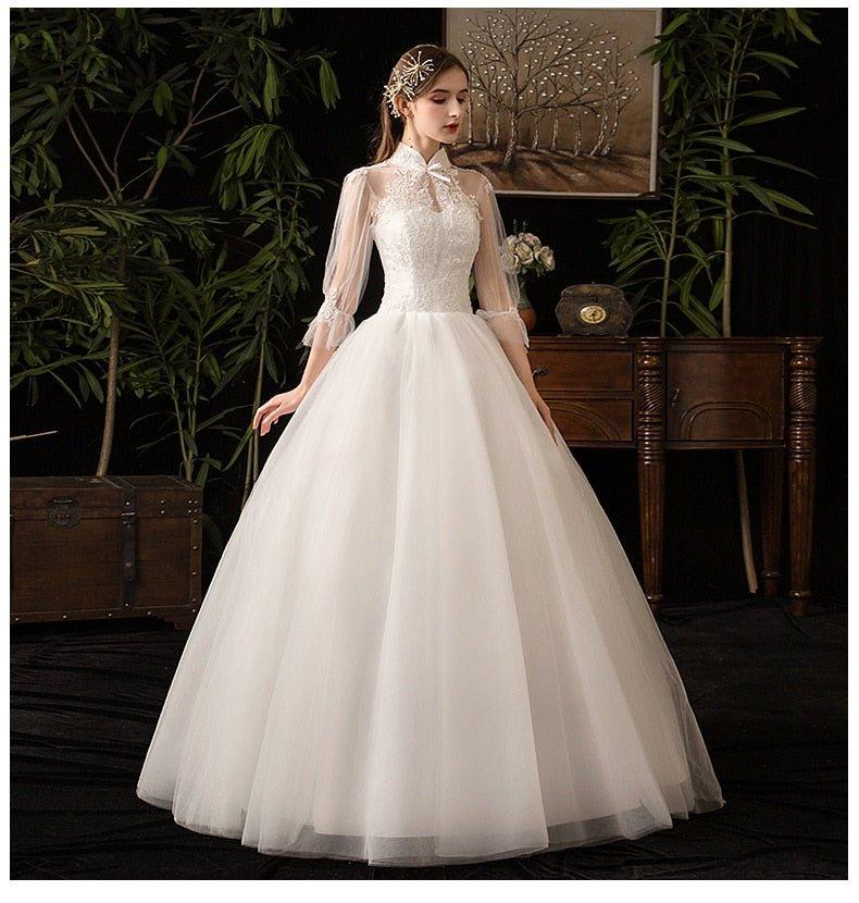 NumberSea New High Neck Three Quarter Sleeve Wedding Dress Sexy Illusion Lace Applique Plus Size Vintage Bridal Gown Robe De Mariee L