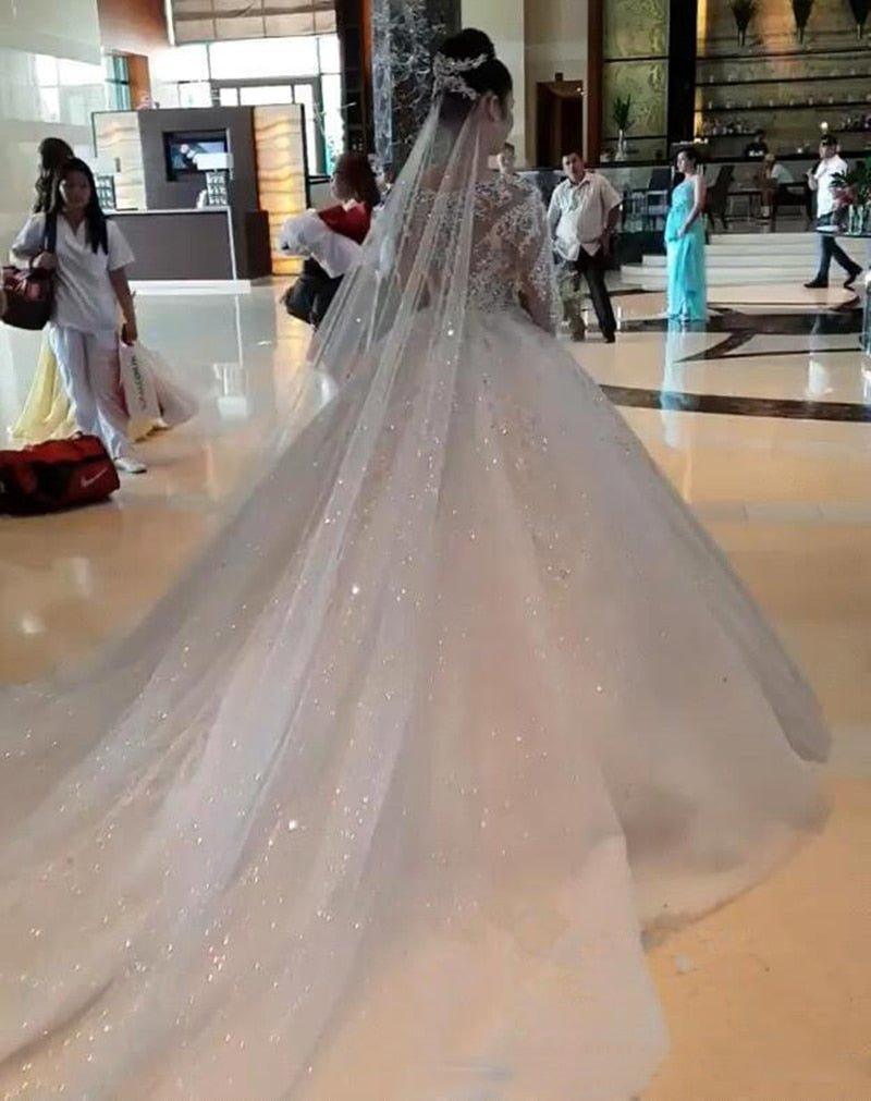 NumberSea New Luxury Lace Ball Gown Wedding Dresses Long Sleeves Beaded Appliques Jewel Neck Court Train Wedding Bridal Gowns Custom Made