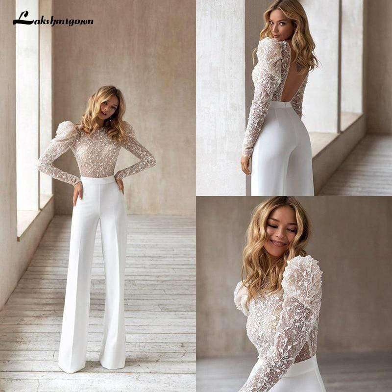 NumberSea New Puff Sleeve Jumpsuit Boho Wedding Dress  Lace Appliques Sexy Backless