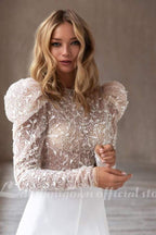 NumberSea New Puff Sleeve Jumpsuit Boho Wedding Dress  Lace Appliques Sexy Backless