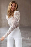 NumberSea New Puff Sleeve Jumpsuit Boho Wedding Dress  Lace Appliques Sexy Backless