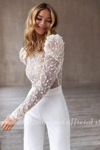 NumberSea New Puff Sleeve Jumpsuit Boho Wedding Dress  Lace Appliques Sexy Backless