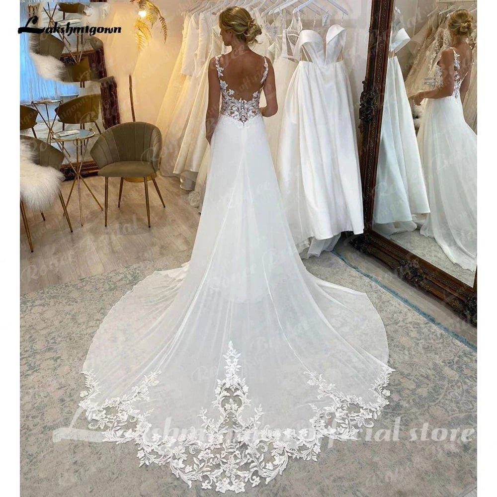 NumberSea NumberSea A-Line Split Chiffon Illusion Bodice Backless Beach Wedding Dresses for Women Appliques Summer Boho Bride Dress