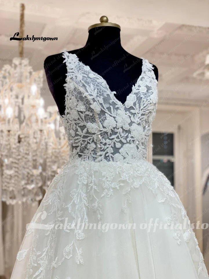 NumberSea NumberSea Floral Lace V Neck Glitter A Line Wedding Dress Lace Appliques 2025 Luxury Bridal Boho Beach Wedding Gowns Backless