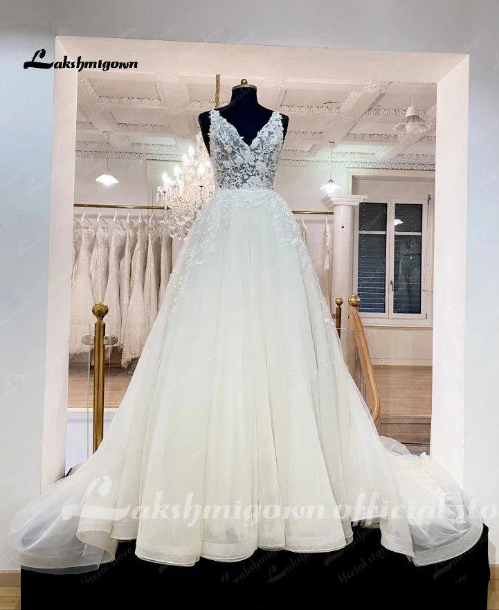 NumberSea NumberSea Floral Lace V Neck Glitter A Line Wedding Dress Lace Appliques 2025 Luxury Bridal Boho Beach Wedding Gowns Backless