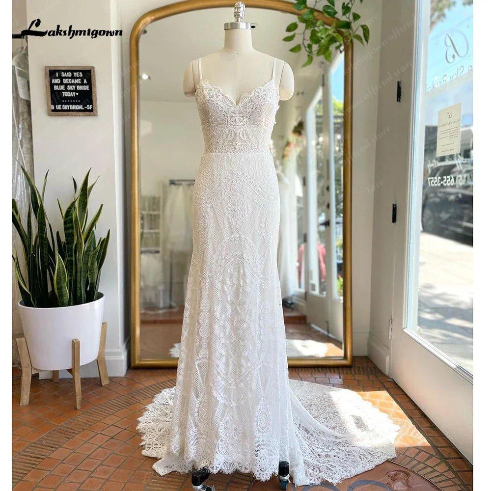 NumberSea NumberSea Spaghetti Straps Lace Bobo Mermaid Wedding Dress with V Neck 2024 Modest Robe Mariage Femme Bohemian Bridal Gown