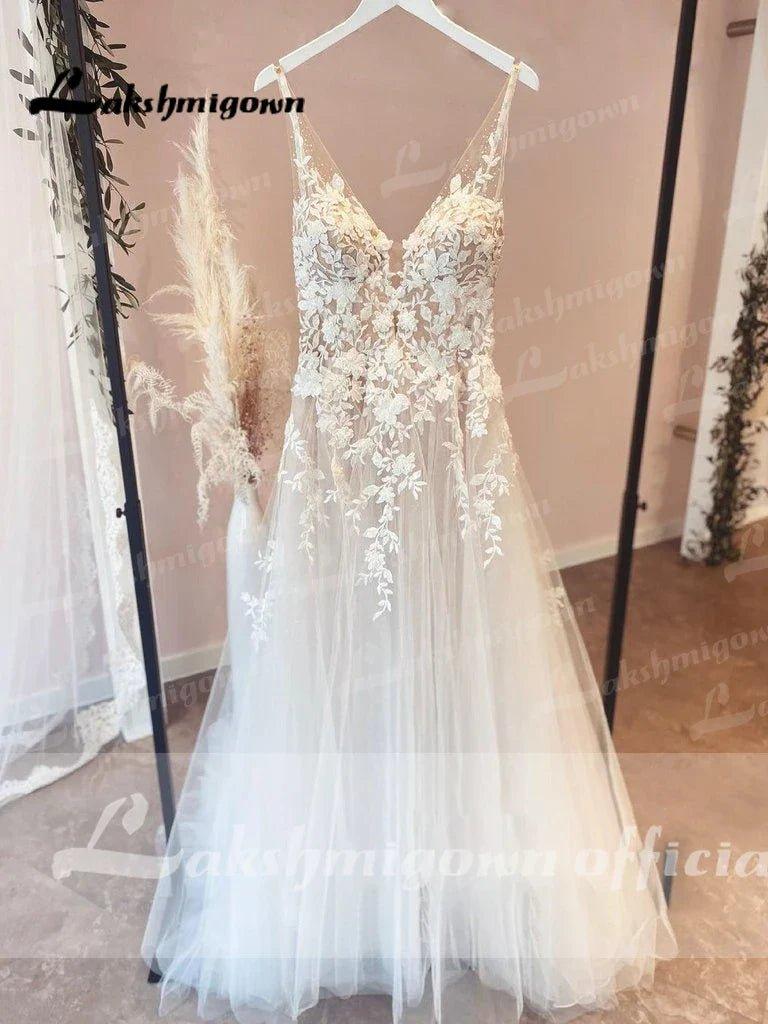 NumberSea NumberSea Unlined Bodice FLowy A Line Tulle Wedding Dress With V Neck Bridal Gown Beach Bridal Gown trouwjurk Robe de mariee