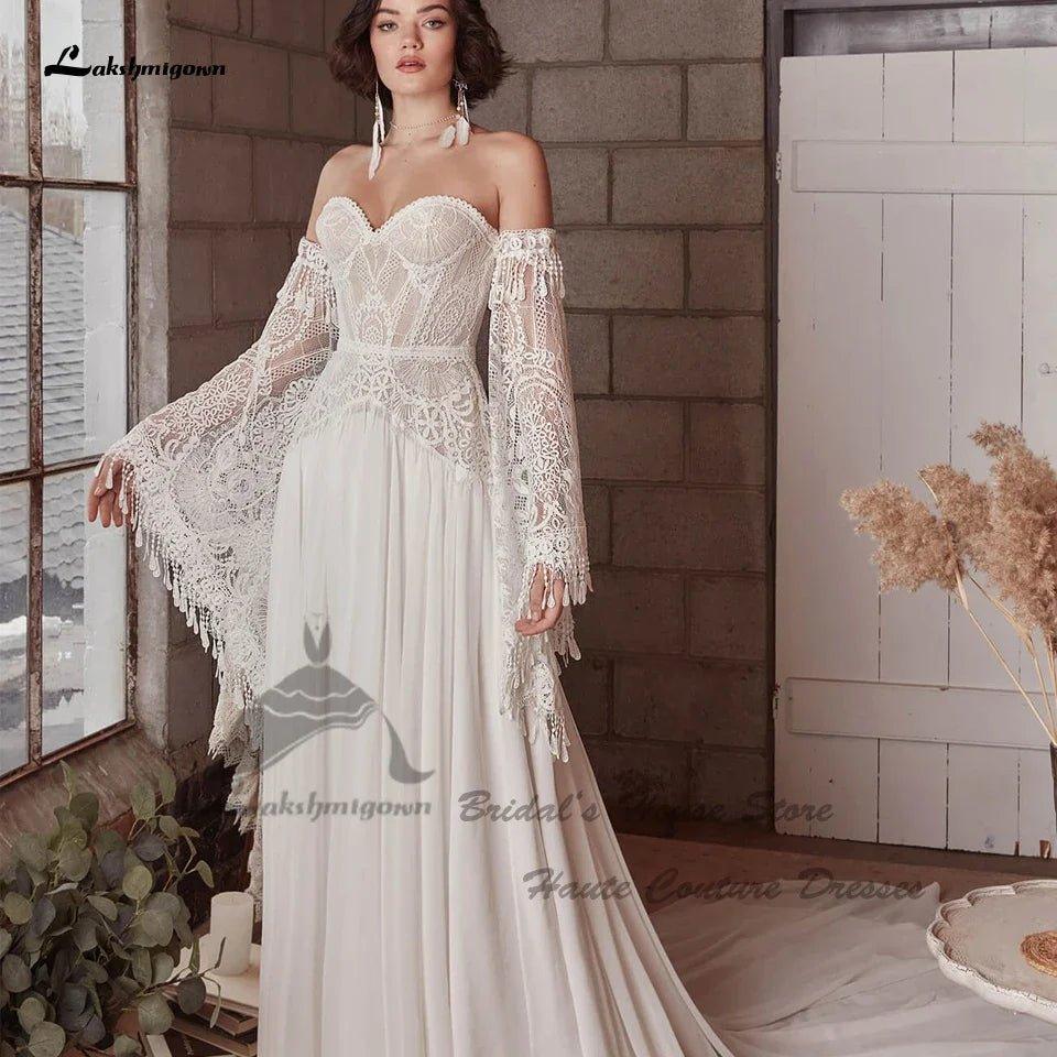 NumberSea NumberSea Vintage Lace Boho Wedding Dress Detachable Long Sleeve 2025 Robe Longue Chic Bridal Gowns Off the Shoulder