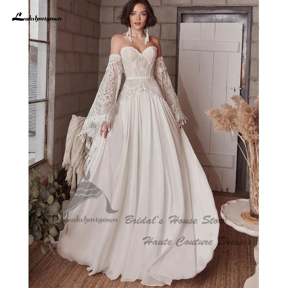 NumberSea NumberSea Vintage Lace Boho Wedding Dress Detachable Long Sleeve 2025 Robe Longue Chic Bridal Gowns Off the Shoulder